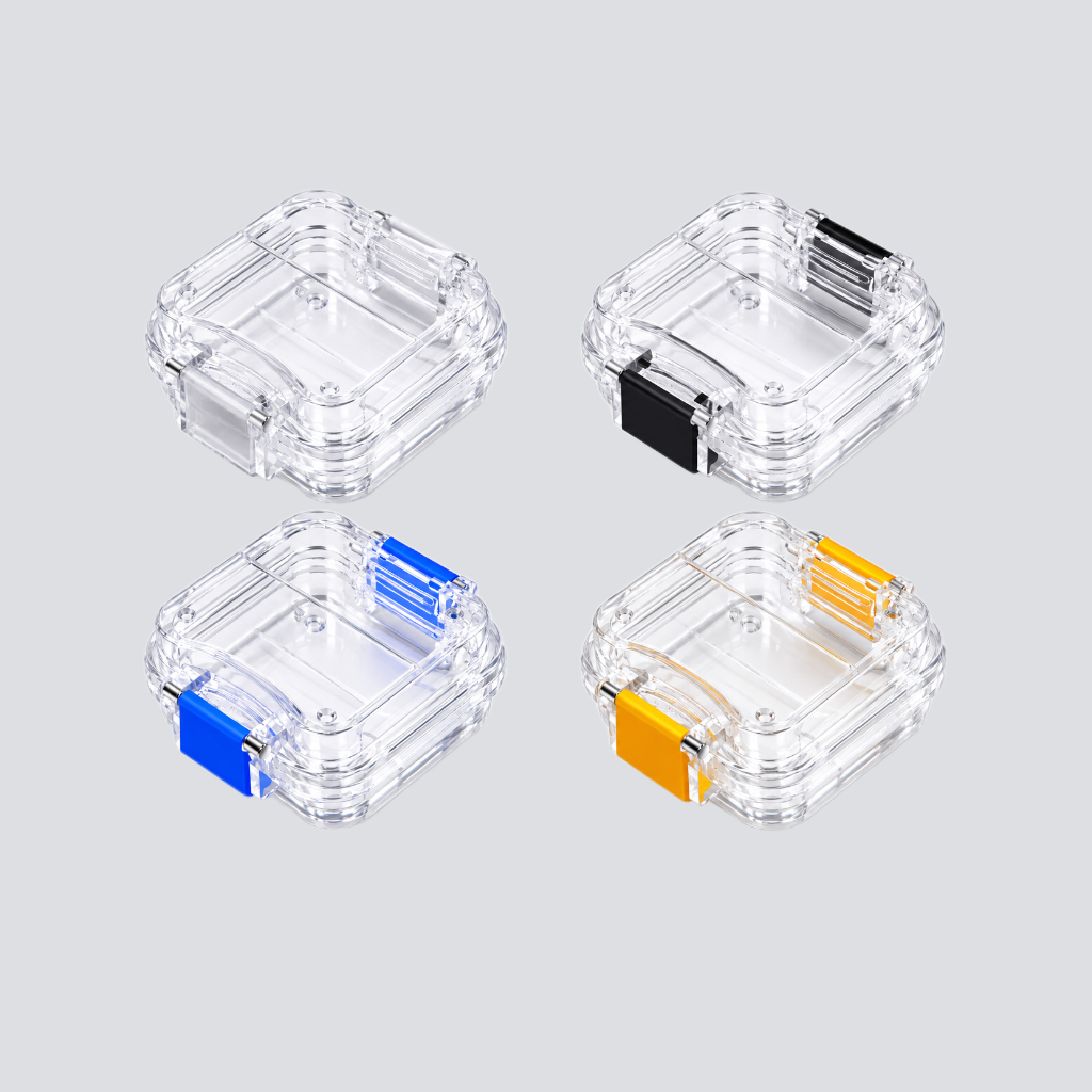 Clear rigid crown and bridge membrane boxes in four latch colors